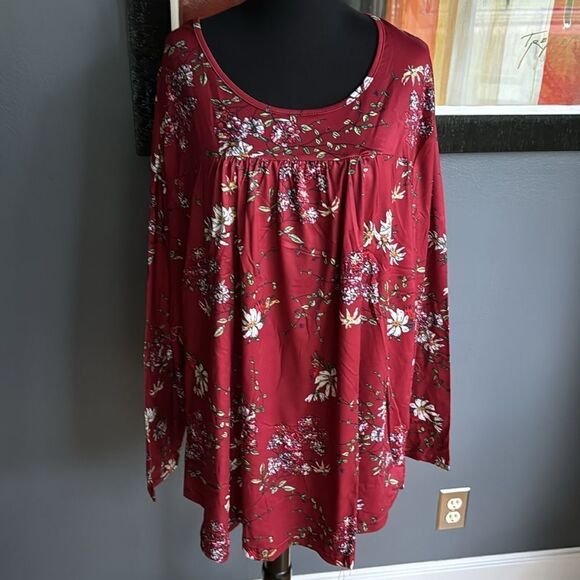 Visililly burgundy floral print pullover stretch gathered bodice/yoke top 3XL - Picture 2 of 6